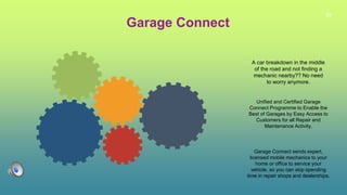 25
Garage Connect
A car breakdown in the middle
of the road and not finding a
mechanic nearby?? No need
to worry anymore.
Unified and Certified Garage
Connect Programme to Enable the
Best of Garages by Easy Access to
Customers for all Repair and
Maintenance Activity.
Garage Connect sends expert,
licensed mobile mechanics to your
home or office to service your
vehicle, so you can skip spending
time in repair shops and dealerships.
 