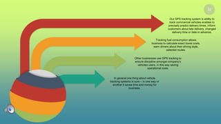 32
Our GPS tracking system is ability to
track commercial vehicles enables to
precisely predict delivery times, inform
customers about late delivery, changed
delivery time or date in advance.
Tracking fuel consumption allows
business to calculate exact travel costs,
warn drivers about their driving style,
selected routes.
Other businesses use GPS tracking to
ensure discipline amongst company’s
vehicles users, in this way saving
operational costs.
In general one thing about vehicle
tracking systems is sure – in one way or
another it saves time and money for
business.
 