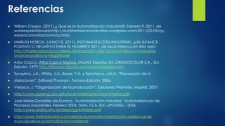 Referencias 
 William Crespo. (2011).¿ Que es la Automatización Industrial?. Febrero 9, 2011, de 
wordexprésSitioweb:http://automatizacionindustrial.wordpress.com/2011/02/09/qu 
eeslaautomatizacionindustrial/ 
 MARLEN NOBOA. (JUNIO10, 2011). AUTOMATIZACIÓN INDUSTRIAL, ¿UN AVANCE 
POSITIVO O NEGATIVO PARA EL HOMBRE? 2011, de lacoctelera.com Sitio web: 
http://marlenoboa.lacoctelera.net/post/2011/06/10/automatizaci-n-industrial-avance- 
positivo-o-negativo-el 
 Atlas Copco, Atlas Copco Manua, Madrid, España, Ed. CRONOCOLOR S.A., 3ra 
Edición, 1979 http://sifunpro.tripod.com/automatizacion.htm 
 Tompkins, J.A., White, J.A., Bozer, Y.A. y Tanchoco, J.M.A. “Planeación de in 
 stalaciones”. Editorial Thomson, Tercera Edición, 2006. 
 Velasco, J. “Organización de la producción”. Ediciones Pirámide, Madrid, 2007. 
 http://www.epsevg.upc.edu/hcd/material/lecturas/interfaz.pdf 
 José María González de Durana. "Automatización Industrial. "Automatización de 
Procesos Industriales. Febrero 2004. Dpto. I.S.A. EUI –UPV/EHU–. 2006 
http://www.araba.ehu.es/depsi/jg/APIslides.pdf. 
 http://www.thefabricator.com/article/automationrobotics/el-cerebro-ye-el-musculo- 
de-la-automatizacion-moderna 
