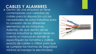 CABLES Y ALAMBRES 
 Dentro de una empresa se tiene 
contemplada una variedad de 
cables para la disposición y/o las 
necesidades de estas industrias para 
la conexión de los diferentes 
elementos de las máquinas. 
Además, de que dentro de las 
mismas industrial se deben tener en 
cuenta un manual en donde se 
especifiquen los tamaños y calibre 
exacto de cables a utilizar para que 
se cumplan las Normas de Seguridad 
mínima al manejar la electricidad. 
 