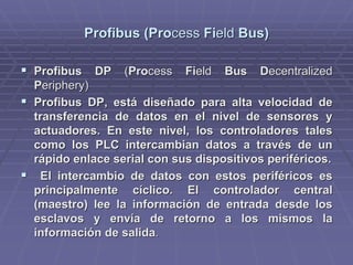 Profibus (ProProfibus (Processcess FiFieldeld Bus)Bus)
!! ProfibusProfibus DPDP ((ProProcesscess FiFieldeld Bus DBus Decentralizedecentralized
PPeriphery)eriphery)
!! ProfibusProfibus DP, estDP, estáá disediseññado para alta velocidad deado para alta velocidad de
transferencia de datos en el nivel de sensores ytransferencia de datos en el nivel de sensores y
actuadoresactuadores. En este nivel, los controladores tales. En este nivel, los controladores tales
como los PLC intercambian datos a travcomo los PLC intercambian datos a travéés de uns de un
rráápido enlace serial con sus dispositivos perifpido enlace serial con sus dispositivos perifééricos.ricos.
!! El intercambio de datos con estos perifEl intercambio de datos con estos perifééricos esricos es
principalmente cprincipalmente cííclico. El controlador centralclico. El controlador central
(maestro) lee la informaci(maestro) lee la informacióón de entrada desde losn de entrada desde los
esclavos y envesclavos y envíía de retorno a los mismos laa de retorno a los mismos la
informaciinformacióón de salidan de salida..
 
