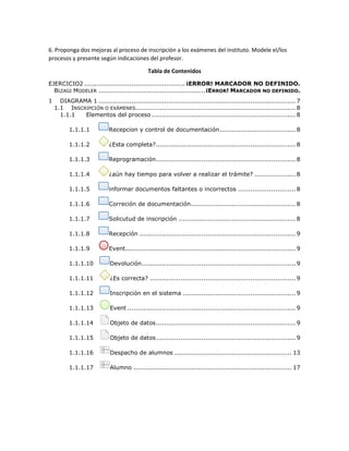 6. Proponga dos mejoras al proceso de inscripción a los exámenes del instituto. Modele el/los
procesos y presente según indicaciones del profesor.
Tabla de Contenidos
EJERCICIO2 ................................................. ¡ERROR! MARCADOR NO DEFINIDO.
BIZAGI MODELER ....................................................¡ERROR! MARCADOR NO DEFINIDO.
1 DIAGRAMA 1 ................................................................................................ 7
1.1 INSCRIPCIÓN O EXÁMENES.............................................................................. 8
1.1.1 Elementos del proceso ...................................................................... 8
1.1.1.1 Recepcion y control de documentación..................................... 8
1.1.1.2 ¿Esta completa?.................................................................... 8
1.1.1.3 Reprogramación.................................................................... 8
1.1.1.4 ¿aún hay tiempo para volver a realizar el trámite? .................... 8
1.1.1.5 informar documentos faltantes o incorrectos ............................ 8
1.1.1.6 Correción de documentación................................................... 8
1.1.1.7 Solicutud de inscripción ......................................................... 8
1.1.1.8 Recepción ............................................................................ 9
1.1.1.9 Event................................................................................... 9
1.1.1.10 Devolución........................................................................... 9
1.1.1.11 ¿Es correcta? ....................................................................... 9
1.1.1.12 Inscripción en el sistema ....................................................... 9
1.1.1.13 Event .................................................................................. 9
1.1.1.14 Objeto de datos.................................................................... 9
1.1.1.15 Objeto de datos.................................................................... 9
1.1.1.16 Despacho de alumnos ......................................................... 13
1.1.1.17 Alumno ............................................................................. 17
 
