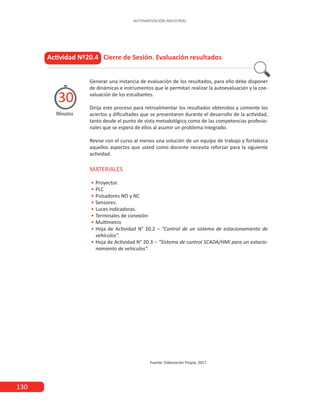 130
AUTOMATIZACIÓN INDUSTRIAL
Actividad Nº20.4 Cierre de Sesión. Evaluación resultados
Generar una instancia de evaluación de los resultados, para ello debe disponer
de dinámicas e instrumentos que le permitan realizar la autoevaluación y la coe-
valuación de los estudiantes.
Dirija este proceso para retroalimentar los resultados obtenidos y comente los
aciertos y dificultades que se presentaron durante el desarrollo de la actividad,
tanto desde el punto de vista metodológico como de las competencias profesio-
nales que se espera de ellos al asumir un problema integrado.
Revise con el curso al menos una solución de un equipo de trabajo y fortalezca
aquellos aspectos que usted como docente necesita reforzar para la siguiente
actividad.
MATERIALES
•
• 	Proyector.
•
• 	PLC
•
• 	
Pulsadores NO y NC
•
• 	Sensores.
•
• 	Luces indicadoras.
•
• 	
Terminales de conexión
•
• 	
Multímetro
•
• 	
Hoja de Actividad N° 20.2 – “Control de un sistema de estacionamiento de
vehículos”.
•
• 	
Hoja de Actividad N° 20.3 – “Sistema de control SCADA/HMI para un estacio-
namiento de vehículos”.
Fuente: Elaboración Propia, 2017.
Minutos
30
 