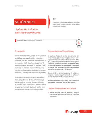 131
CUARTO MEDIO ELECTRÓNICA
SESIÓN Nº 21 Programa PLCs de gama baja y pantallas
HMI, según requerimientos del proceso
industriales simples.
AE
Duración: 4 horas pedagógicas en total
Presentación
La sesión tiene como propósito programar
un PLC para una aplicación requerida y
conectar con dos pantallas de operación y
supervisión HMI. La dinámica para el de-
sarrollo de esta actividad es resolver cada
ejercicio de manera independiente pero
con intención posterior de integrar los dos
trabajos y conseguir el producto esperado.
Es propósito también de esta sesión eva-
luar competencias de los estudiantes ya
que se deberá integrar los aprendizajes
esperados para colocarlos a disposición de
soluciones reales, trabajando así las com-
petencias de empleabilidad requeridas.
Horas
Aplicación II: Portón
eléctrico automatizado.
4
Recomendaciones Metodológicas
Se sugiere al docente contar previamente con
todos los equipos necesarios para realizar la in-
tegración de sistemas de control (sensores, PLCs,
PCs y software correctamente instalados y fun-
cionando). El actuar didáctico del docente se re-
laciona con procesos de observación y utilización
de pautas que permitan recoger el grado de lo-
gro de las competencias a desarrollar.
El docente debe conocer las pautas de cotejo en-
tregadas y evaluar la pertinencia de su aplicación
en el trabajo solicitado a los estudiantes.
Puede complementar el trabajo, solicitando a sus
estudiantes el informe final de la actividad.
Objetivo de Aprendizaje de la Sesión
•
• Diseña pantallas HMI, de acuerdo a requeri-
mientos de aplicación del proceso específico
propuesto.
 