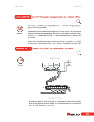 137
CUARTO MEDIO ELECTRÓNICA
Actividad Nº22.1 Describir lenguaje de programación de script en HMIs.
Indique a sus estudiantes que la presente sesión va a describir el lenguaje de pro-
gramación de script en HMIs.
Pida a los estudiantes una breve investigación en la web respecto del concepto de
programación con script y luego guie la actividad refuerza estos contenidos reali-
zando (en PC y apoyado por un proyector) pequeños programas para la animación
de objetos.
Solicite a sus estudiantes que en la siguiente actividad, organizados en equipos
de 3 personas, ellos deberán utilizar estos script para dar vida a las pantallas HMI.
Minutos
30
Actividad Nº22.2 Diseñar un sistema de supervisión a distancia
Minutos
120
Figura 68. Fundición.
Fuente: Elaboración Propia.
Se tiene un proceso de fundición de hierro, para el cual se requiere diseñar un sis-
tema de supervisión a distancia, para el proceso de mezcla de tres componentes,
antes de pasar al proceso de fundición.
 