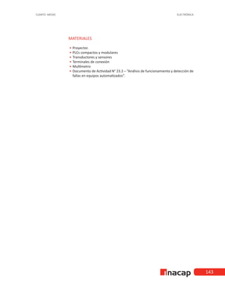 143
CUARTO MEDIO ELECTRÓNICA
MATERIALES
•
• 	Proyector.
•
• 	
PLCs compactos y modulares
•
• 	
Transductores y sensores
•
• 	
Terminales de conexión
•
• 	
Multímetro
•
• 	
Documento de Actividad N° 23.2 – “Análisis de funcionamiento y detección de
fallas en equipos automatizados”.
 