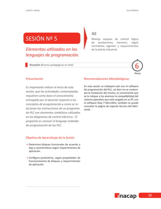 39
CUARTO MEDIO ELECTRÓNICA
SESIÓN Nº 5 Maneja equipos de control lógico
de prestaciones menores, según
normativas vigentes y requerimientos
de la planta industrial.
AE
Duración: 6 horas pedagógicas en total
Presentación
Es importante indicar al inicio de esta
sesión, que las actividades contempladas
requieren como base el conocimiento
entregado por el docente respecto a los
conceptos de programación y como se re-
lacionan las instrucciones de un programa
de PLC con elementos simbólicos utilizados
en los diagramas de control eléctrico. El
propósito es conocer el lenguaje estándar
de programación de los PLC.
Objetivo de Aprendizaje de la Sesión
•
• Determina bloques funcionales de acuerdo a
tipo y características según requerimientos de
aplicación.
•
• Configura parámetros, según propiedades de
funcionamiento de bloques y requerimientos
de aplicación.
Recomendaciones Metodológicas:
En esta sesión se trabajará solo con el software
de programación del PLC, sin bien no se contem-
pla la instalación del mismo, es conveniente que
se le indique a los alumnos la compatibilidad del
sistema operativo que está cargado en su PC con
el software Step 7 MicroWin, también se puede
consultar la página de soporte técnico del fabri-
cante.
Horas
Elementos utilizados en los
lenguajes de programación.
6
 