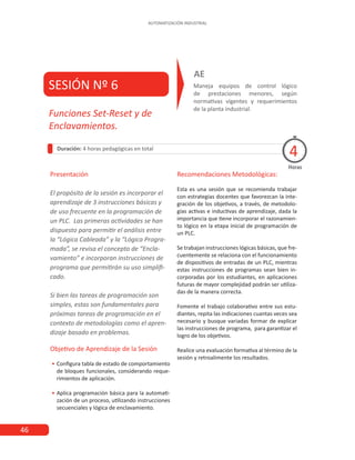 46
AUTOMATIZACIÓN INDUSTRIAL
SESIÓN Nº 6 Maneja equipos de control lógico
de prestaciones menores, según
normativas vigentes y requerimientos
de la planta industrial.
AE
Duración: 4 horas pedagógicas en total
Recomendaciones Metodológicas:
Esta es una sesión que se recomienda trabajar
con estrategias docentes que favorezcan la inte-
gración de los objetivos, a través, de metodolo-
gías activas e inductivas de aprendizaje, dada la
importancia que tiene incorporar el razonamien-
to lógico en la etapa inicial de programación de
un PLC.
Se trabajan instrucciones lógicas básicas, que fre-
cuentemente se relaciona con el funcionamiento
de dispositivos de entradas de un PLC, mientras
estas instrucciones de programas sean bien in-
corporadas por los estudiantes, en aplicaciones
futuras de mayor complejidad podrán ser utiliza-
das de la manera correcta.
Fomente el trabajo colaborativo entre sus estu-
diantes, repita las indicaciones cuantas veces sea
necesario y busque variadas formar de explicar
las instrucciones de programa, para garantizar el
logro de los objetivos.
Realice una evaluación formativa al término de la
sesión y retroalimente los resultados.
Horas
Funciones Set-Reset y de
Enclavamientos.
4
Objetivo de Aprendizaje de la Sesión
•
• Configura tabla de estado de comportamiento
de bloques funcionales, considerando reque-
rimientos de aplicación.
•
• Aplica programación básica para la automati-
zación de un proceso, utilizando instrucciones
secuenciales y lógica de enclavamiento.
Presentación
El propósito de la sesión es incorporar el
aprendizaje de 3 instrucciones básicas y
de uso frecuente en la programación de
un PLC. Las primeras actividades se han
dispuesto para permitir el análisis entre
la “Lógica Cableada” y la “Lógica Progra-
mada”, se revisa el concepto de “Encla-
vamiento” e incorporan instrucciones de
programa que permitirán su uso simplifi-
cado.
Si bien las tareas de programación son
simples, estas son fundamentales para
próximas tareas de programación en el
contexto de metodologías como el apren-
dizaje basado en problemas.
 