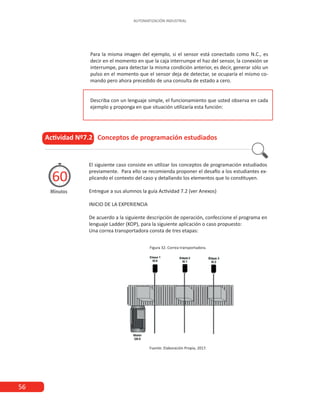 56
AUTOMATIZACIÓN INDUSTRIAL
Para la misma imagen del ejemplo, si el sensor está conectado como N.C., es
decir en el momento en que la caja interrumpe el haz del sensor, la conexión se
interrumpe, para detectar la misma condición anterior, es decir, generar sólo un
pulso en el momento que el sensor deja de detectar, se ocuparía el mismo co-
mando pero ahora precedido de una consulta de estado a cero.
Describa con un lenguaje simple, el funcionamiento que usted observa en cada
ejemplo y proponga en que situación utilizaría esta función:
Actividad Nº7.2 Conceptos de programación estudiados
Minutos
60
El siguiente caso consiste en utilizar los conceptos de programación estudiados
previamente. Para ello se recomienda proponer el desafío a los estudiantes ex-
plicando el contexto del caso y detallando los elementos que lo constituyen.
Entregue a sus alumnos la guía Actividad 7.2 (ver Anexos)
INICIO DE LA EXPERIENCIA
De acuerdo a la siguiente descripción de operación, confeccione el programa en
lenguaje Ladder (KOP), para la siguiente aplicación o caso propuesto:
Una correa transportadora consta de tres etapas:
Figura 32. Correa transportadora.
Fuente: Elaboración Propia, 2017.
 