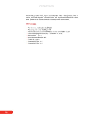 80
AUTOMATIZACIÓN INDUSTRIAL
Finalmente, y como cierre, repase los contenidos vistos y trabajados durante la
sesión, indicando aquellas consideraciones más importantes a tener en cuenta
en el quehacer, recalcando los aspectos de seguridad involucrados.
MATERIALES
•
• PLC Siemens, modelo Simatic S7-200
•
• PC, con puerto serial RS232 y/o USB
•
• Interface de comunicación PC/PPI con puerto serial RS232 o USB
•
• Software de programación Step 7 MicroWin V4.0 SP9
•
• Pulsadores N.C. y N.O.
•
• Sensores de proximidad N.O.
•
• Finales de carrera
•
• Hoja de Actividad 10.2
•
• Hoja de Actividad 10.3
 
