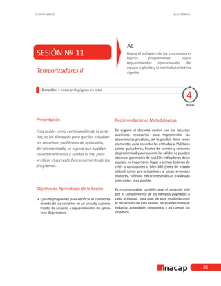 81
CUARTO MEDIO ELECTRÓNICA
SESIÓN Nº 11 Opera el software de los controladores
lógicos programables, según
requerimientos operacionales del
equipo o planta y la normativa eléctrica
vigente.
AE
Duración: 4 horas pedagógicas en total
Presentación
Esta sesión como continuación de la ante-
rior, se ha planeado para que los estudian-
tes resuelvan problemas de aplicación,
del mismo modo, se espera que puedan
conectar entradas y salidas al PLC para
verificar el correcto funcionamiento de los
programas.
Objetivo de Aprendizaje de la Sesión
•
• Ejecuta programas para verificar el comporta-
miento de las variables en un circuito automa-
tizado, de acuerdo a requerimientos de aplica-
ción de procesos.
Horas
Temporizadores II
4
Recomendaciones Metodológicas
Se sugiere al docente contar con los recursos
auxiliares necesarios para implementar las
experiencias prácticas, en lo posible debe tener
elementos para conectar las entradas al PLC tales
como: pulsadores, finales de carrera y sensores
de proximidad y aun cuando las salidas se pueden
observar por medio de los LEDs indicadores de su
equipo, es importante llegar a activar bobinas de
relés o contactores o bien SSR (relés de estado
sólido) como pre-actuadores y luego entonces
motores, válvulas electro-neumáticas o válvulas
solenoides si es posible.
Es recomendable también que el docente vele
por el cumplimiento de los tiempos asignados a
cada actividad, para que, de este modo durante
el desarrollo de esta sesión, se puedan trabajar
todas las actividades propuestas y así cumplir los
objetivos.
 
 