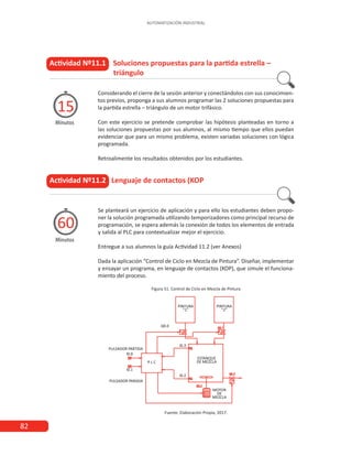 82
AUTOMATIZACIÓN INDUSTRIAL
Actividad Nº11.1 Soluciones propuestas para la partida estrella –
			 triángulo
Minutos
15
Considerando el cierre de la sesión anterior y conectándolos con sus conocimien-
tos previos, proponga a sus alumnos programar las 2 soluciones propuestas para
la partida estrella – triángulo de un motor trifásico.
Con este ejercicio se pretende comprobar las hipótesis planteadas en torno a
las soluciones propuestas por sus alumnos, al mismo tiempo que ellos puedan
evidenciar que para un mismo problema, existen variadas soluciones con lógica
programada.
Retroalimente los resultados obtenidos por los estudiantes.
Actividad Nº11.2 Lenguaje de contactos (KOP
Minutos
60
Se planteará un ejercicio de aplicación y para ello los estudiantes deben propo-
ner la solución programada utilizando temporizadores como principal recurso de
programación, se espera además la conexión de todos los elementos de entrada
y salida al PLC para contextualizar mejor el ejercicio.
Entregue a sus alumnos la guía Actividad 11.2 (ver Anexos)
Dada la aplicación “Control de Ciclo en Mezcla de Pintura”. Diseñar, implementar
y ensayar un programa, en lenguaje de contactos (KOP), que simule el funciona-
miento del proceso.
Figura 51. Control de Ciclo en Mezcla de Pintura
Fuente: Elaboración Propia, 2017.
 
