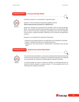 93
CUARTO MEDIO ELECTRÓNICA
Actividad Nº13.1 Proceso del tipo Batch
Minutos
30
Considere presentar a sus estudiantes el siguiente video:
Video N° 1. Cómo se fabrica el chocolate en tableta idustrial.
(https://www.youtube.com/watch?v=_jQMd55nvsA )
Tenga este ejemplo de la producción de chocolate, como un proceso del tipo
Batch. Acá el alumno tendrá la oportunidad de observar el uso de pantallas HMI
para el control de procesos industriales, aprendizaje previo que fue trabajado
en otra sesión, y además entender la diferencia con un proceso de elaboración
continuo.
Entregue a sus estudiantes las siguientes indicaciones:
•
• 	
Nombre las principales etapas en la elaboración de una tableta de chocolate.
•
• 	
Dibuje un diagrama de flujo con las etapas del proceso.
•
• 	
Explique por qué este proceso es denominado o clasificado como del tipo
batch.
Actividad Nº13.2 Sistema de control tipo Batch
Minutos
45
En un sistema de control Batch, es necesaria la activación de 6 válvulas solenoides
en forma secuencial durante 1 segundo, la cual permite la limpieza, por medio de
aire comprimido, de recipientes y piping luego de finalizado el proceso.
La solución puede ser la que se muestra en la figura, sin embargo deje que sus
alumnos intenten proponer su propia solución. En esta propuesta solo se ha
hecho para dos salidas de activación.
 