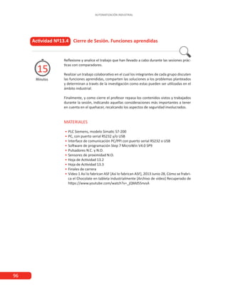 96
AUTOMATIZACIÓN INDUSTRIAL
Actividad Nº13.4 Cierre de Sesión. Funciones aprendidas
Minutos
15
Reflexione y analice el trabajo que han llevado a cabo durante las sesiones prác-
ticas con comparadores.
Realizar un trabajo colaborativo en el cual los integrantes de cada grupo discuten
las funciones aprendidas, comparten las soluciones a los problemas planteados
y determinan a través de la investigación como estas pueden ser utilizadas en el
ámbito industrial.
Finalmente, y como cierre el profesor repasa los contenidos vistos y trabajados
durante la sesión, indicando aquellas consideraciones más importantes a tener
en cuenta en el quehacer, recalcando los aspectos de seguridad involucrados.
MATERIALES
•
• PLC Siemens, modelo Simatic S7-200
•
• PC, con puerto serial RS232 y/o USB
•
• Interface de comunicación PC/PPI con puerto serial RS232 o USB
•
• Software de programación Step 7 MicroWin V4.0 SP9
•
• Pulsadores N.C. y N.O.
•
• Sensores de proximidad N.O.
•
• Hoja de Actividad 13.2
•
• Hoja de Actividad 13.3
•
• Finales de carrera
•
• Video 1 Así lo fabrican ASF [Así lo fabrican ASF], 2013 Junio 28, Cómo se frabri-
ca el Chocolate en tableta industrialmente [Archivo de video] Recuperado de
https://www.youtube.com/watch?v=_jQMd55nvsA
 