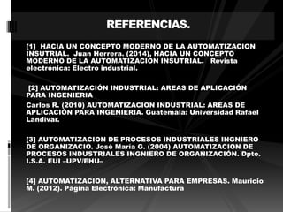 REFERENCIAS. 
[1] HACIA UN CONCEPTO MODERNO DE LA AUTOMATIZACION 
INSUTRIAL. Juan Herrera. (2014), HACIA UN CONCEPTO 
MODERNO DE LA AUTOMATIZACION INSUTRIAL. Revista 
electrónica: Electro industrial. 
[2] AUTOMATIZACIÓN INDUSTRIAL: AREAS DE APLICACIÓN 
PARA INGENIERIA 
Carlos R. (2010) AUTOMATIZACION INDUSTRIAL: AREAS DE 
APLICACIÓN PARA INGENIERIA. Guatemala: Universidad Rafael 
Landívar. 
[3] AUTOMATIZACION DE PROCESOS INDUSTRIALES INGNIERO 
DE ORGANIZACIO. José María G. (2004) AUTOMATIZACION DE 
PROCESOS INDUSTRIALES INGNIERO DE ORGANIZACIÓN. Dpto. 
I.S.A. EUI –UPV/EHU– 
[4] AUTOMATIZACION, ALTERNATIVA PARA EMPRESAS. Mauricio 
M. (2012). Página Electrónica: Manufactura 
