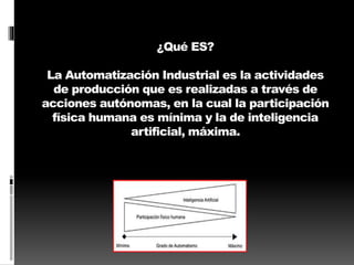 ¿Qué ES? 
La Automatización Industrial es la actividades 
de producción que es realizadas a través de 
acciones autónomas, en la cual la participación 
física humana es mínima y la de inteligencia 
artificial, máxima. 
 