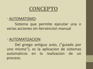 CONCEPTO
• AUTOMATISMO:
Sistema que permite ejecutar una o
varias acciones sin itervencion manual
• AUTOMATIZACION:
Del griego antiguo auto, ("guiado por
uno mismo"), es la aplicacion de sistemas
automaticos en la realizacion de un
proceso.
 