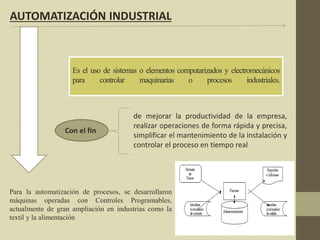 Es el uso de sistemas o elementos computarizados y electromecánicos
para controlar maquinarias o procesos industriales.
AUTOMATIZACIÓN INDUSTRIAL
Con el fin
de mejorar la productividad de la empresa,
realizar operaciones de forma rápida y precisa,
simplificar el mantenimiento de la instalación y
controlar el proceso en tiempo real
Para la automatización de procesos, se desarrollaron
máquinas operadas con Controles Programables,
actualmente de gran ampliación en industrias como la
textil y la alimentación
 
