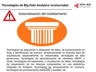 © 2007. MAySA
Tecnologías de Big Data Analytics involucradas
Automatización del modelamiento
Tecnologías de adquisición e integración de datos, de procesamiento en
línea e identificación de eventos, almacenamiento en diversos tipos de
arquitecturas (especialmente no relacionales), tecnologías de data
governance, tecnologías de estandarización de interfases (REST y
otras), tecnologías de exploración y visualización de datos, tecnologías
de orquestación de los diversos componentes en una plataforma
integrada de Analytics, tecnologías de procesamiento en memoria,
tecnologías de procesamiento distribuido y paralelo, etc.
 