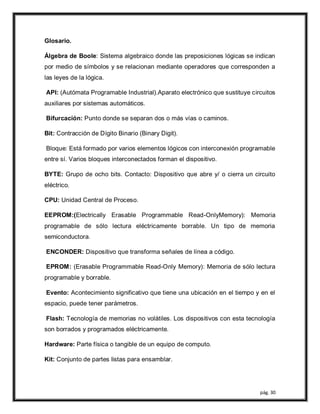 pág. 30
Glosario.
Álgebra de Boole: Sistema algebraico donde las preposiciones lógicas se indican
por medio de símbolos y se relacionan mediante operadores que corresponden a
las leyes de la lógica.
API: (Autómata Programable Industrial).Aparato electrónico que sustituye circuitos
auxiliares por sistemas automáticos.
Bifurcación: Punto donde se separan dos o más vías o caminos.
Bit: Contracción de Dígito Binario (Binary Digit).
Bloque: Está formado por varios elementos lógicos con interconexión programable
entre sí. Varios bloques interconectados forman el dispositivo.
BYTE: Grupo de ocho bits. Contacto: Dispositivo que abre y/ o cierra un circuito
eléctrico.
CPU: Unidad Central de Proceso.
EEPROM:(Electrically Erasable Programmable Read-OnlyMemory): Memoria
programable de sólo lectura eléctricamente borrable. Un tipo de memoria
semiconductora.
ENCONDER: Dispositivo que transforma señales de línea a código.
EPROM: (Erasable Programmable Read-Only Memory): Memoria de sólo lectura
programable y borrable.
Evento: Acontecimiento significativo que tiene una ubicación en el tiempo y en el
espacio, puede tener parámetros.
Flash: Tecnología de memorias no volátiles. Los dispositivos con esta tecnología
son borrados y programados eléctricamente.
Hardware: Parte física o tangible de un equipo de computo.
Kit: Conjunto de partes listas para ensamblar.
 