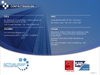 Av. Alonso de Córdova 5900 – Edificio Alonso de   Jorge Basadre 592, Of. 501, Torre Azul
Córdova 5900 Piso 9, Of. 901.
                                                  San Isidro, Lima - Tel. (+51 1) 441 5161
Las Condes, Santiago - Tel. (+56 2) 892 0170




Cra 35 # 53-62 Bogotá D.C.                        Mezzanine, Edificio Torres de las Américas, Calle
                                                  Punta Darién y Punta Coronado, Urbanización
Cundinamarca 00571 - Tel. (+57 1) 2220973         Punta Pacific.
                                                  Apartado Postal 0816-01598, República de
                                                  Panamá
                                                  Tel. +507 216-9890 / +507 216-9891Fax. +507
                                                  216-9812




                                                                                                      PÁGINA 15
 