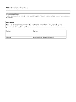 4.6 Funcionamiento y Conclusiones
__________________________________________________________________________________________
__________________________________________________________________________________________
__________________________________________________________________________________________
Actividades Propuestas
Realiza la simulación del montaje con ayuda del programa Fluid sim , y comprueba el correcto funcionamiento
de la misma.
Elaboró: Reviso:
Profesor Coordinador de programa educativo
PRECAUCION
Revise las conexiones neumáticas antes de alimentar el circuito con aire, recuerde que la
presión es de 6 bares. Evite accidentes.
 