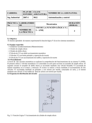 CARRERA
PLAN DE
ESTUDIO
CLAVE
ASIGNATURA
NOMBRE DE LA ASIGNATURA
Ing. Industrial 2007-1 9012 Automatización y control
PRÁCTICA
No.
LABORATORIO
DE
Mecatronica
DURACIÓN
(HORAS)
5
NOMBRE DE
LA PRÁCTICA
USO DE LA FUNCIÓN LÓGICA Y [
I – AND] 2
5.1 Objetivo:
El alumno aprenderá de manera experimental la función lógica Y (I) en los sistemas neumáticos.
5.2 Equipo requerido:
1 Unidad de Acondicionamiento (Mantenimiento)
1 Cilindro de simple efecto
1 Cilindro de doble efecto
1 Válvula de 5/2 con doble accionamiento neumático
2 Válvulas 3/2 con botón pulsador y reposición de resorte
1 Válvula de 3/2 con accionamiento de rodillo y reposición de resorte
5.3 Procedimiento
A través de dos circuitos neumáticos se realizara la comprobación del funcionamiento de un sistema Y (AND).
El primero utiliza 2 válvulas neumáticas 3/2 conectadas en serie para accionar un actuador de simple efecto. El
segundo circuito el actuador de doble efecto es accionado mediante una válvula biestable 5/2 accionada de
manera neumática en el avance y retroceso. El avance se realiza a través mediante el accionamiento de dos
válvulas 3/2 accionadas mediante un pulsador y con retorno por muelle, conectadas en serie, y el retorno
mediante una válvula 3/2 de rodillo de final de carrera con retorno por muelle.
5.4 Esquema de distribución del circuito
Fig. 5.1 Función Lógica Y Accionamiento de cilindro de simple efecto
 