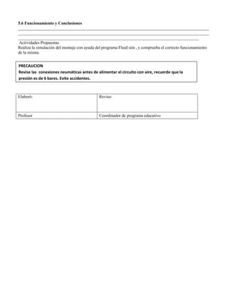 5.6 Funcionamiento y Conclusiones
__________________________________________________________________________________________
__________________________________________________________________________________________
_____________________________________________________________________________________
Actividades Propuestas
Realiza la simulación del montaje con ayuda del programa Fluid sim , y comprueba el correcto funcionamiento
de la misma.
Elaboró: Reviso:
Profesor Coordinador de programa educativo
PRECAUCION
Revise las conexiones neumáticas antes de alimentar el circuito con aire, recuerde que la
presión es de 6 bares. Evite accidentes.
 