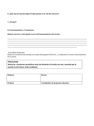 6. ¿Qué tipo de función lógica O (disyunción) es la válvula selectora?
7. ¿Porqué?
6.6 Funcionamiento y Conclusiones
Redacta una breve descripción acerca del funcionamiento del circuito
__________________________________________________________________________________________
__________________________________________________________________________________________
__________________________________________________________________________________________
__________________________________________________________________________________________
_____ _________________________________________________________________________
Actividades Propuestas
Realiza la simulación del montaje con ayuda del programa Fluid sim , y comprueba el correcto funcionamiento
de la misma.
Elaboró: Reviso:
Profesor Coordinador de programa educativo
PRECAUCION
Revise las conexiones neumáticas antes de alimentar el circuito con aire, recuerde que la
presión es de 6 bares. Evite accidentes.
 