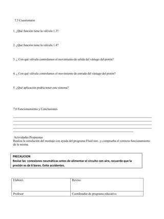 7.5 Cuestionario
1. ¿Qué función tiene la válvula 1.3?
2. ¿Qué función tiene la válvula 1.4?
3. ¿ Con qué válvula controlamos el movimiento de salida del vástago del pistón?
4. ¿ Con qué válvula controlamos el movimiento de entrada del vástago del pistón?
5. ¿Qué aplicación podría tener este sistema?
7.6 Funcionamiento y Conclusiones
__________________________________________________________________________________________
__________________________________________________________________________________________
__________________________________________________________________________________________
__________________________________________________________________________________________
______________________________________________________________________________
Actividades Propuestas
Realiza la simulación del montaje con ayuda del programa Fluid sim , y comprueba el correcto funcionamiento
de la misma.
Elaboró: Reviso:
Profesor Coordinador de programa educativo
PRECAUCION
Revise las conexiones neumáticas antes de alimentar el circuito con aire, recuerde que la
presión es de 6 bares. Evite accidentes.
 