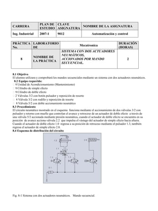 CARRERA
PLAN DE
ESTUDIO
CLAVE
ASIGNATURA
NOMBRE DE LA ASIGNATURA
Ing. Industrial 2007-1 9012 Automatización y control
PRÁCTICA
No.
LABORATORIO
DE
Mecatronica
DURACIÓN
(HORAS)
8
NOMBRE DE
LA PRÁCTICA
SISTEMA CON DOS ACTUADORES
NEUMÁTICOS,
ACCIONADOS POR MANDO
SECUENCIAL.
2
8.1 Objetivo
El alumno utilizara y comprobará los mandos secuenciales mediante un sistema con dos actuadores neumáticos.
8.2 Equipo requerido:
1 Unidad de Acondicionamiento (Mantenimiento)
1 Cilindro de simple efecto
1 Cilindro de doble efecto
2 Válvulas 3/2 con botón pulsador y reposición de resorte
1 Válvula 3/2 con rodillo y reposición de resorte
1 Válvula 5/2 con doble accionamiento neumático
8.3 Procedimiento
El circuito neumático mostrado en el esquema funciona mediante el accionamiento de dos válvulas 3/2 con
pulsador y retorno con muelle que controlan el avance y retroceso de un actuador de doble efecto a través de
una válvula 5/2 accionada mediante presión neumática, cuando el actuador de doble efecto se encuentra en su
posición de avance acciona válvula 2.2 que impulsa el vástago del actuador de simple efecto hacia afuera.
Cuando el actuador de doble efecto 1.0 regresa a su posición de retroceso mediante el pulsador 1.3, también
regresa el actuador de simple efecto 2.0.
8.4 Esquema de distribución del circuito
Fig. 8-1 Sistema con dos actuadores neumáticos. Mando secuencial.
 