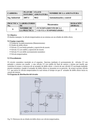 CARRERA
PLAN DE
ESTUDIO
CLAVE
ASIGNATURA
NOMBRE DE LA ASIGNATURA
Ing. Industrial 2007-1 9012 Automatización y control
PRÁCTICA
No.
LABORATORIO
DE
Mecatronica
DURACIÓN
(HORAS)
9
NOMBRE DE
LA PRÁCTICA
FUNCIONAMIENTO DE LA
VÁLVULA TEMPORIZADORA
2
9.1 Objetivo
El alumno manejara la válvula temporizadora en un sistema con un cilindro de doble efecto.
9.2 Equipo requerido:
1 Unidad de Acondicionamiento (Mantenimiento)
1 Cilindro de doble efecto
1 Válvula 3/2 con botón pulsador y reposición de resorte
1 Válvula 3/2 con rodillo y reposición de resorte
1 Válvula 5/2 con doble accionamiento neumático
1 Válvula temporizadora
9.3 Procedimiento
El circuito neumático mostrado en el esquema funciona mediante el accionamiento de válvulas 3/2 con
pulsador y retorno con muelle y una válvula 3/2 con rodillo de final de carrera y retorno por muelle que
controlan el avance y retroceso de un actuador de doble efecto a través de una válvula 5/2 accionada mediante
presión neumática, cuando el actuador de doble efecto se encuentra en su posición de avance acciona válvula
1.3 que activa la válvula temporizadora la cual retrasa el tiempo en que el actuador de doble efecto inicia su
carrera de retorno..
9.4 Esquema de distribución del circuito
Fig. 9-1 Retroceso de un cilindro de doble efecto con válvula temporizadora.
 
