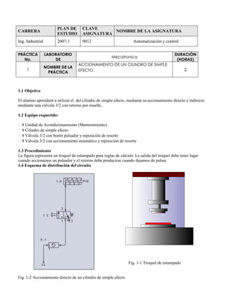 CARRERA
PLAN DE
ESTUDIO
CLAVE
ASIGNATURA
NOMBRE DE LA ASIGNATURA
Ing. Industrial 2007-1 9012 Automatización y control
PRÁCTICA
No.
LABORATORIO
DE
Mecatronica
DURACIÓN
(HORAS)
1
NOMBRE DE LA
PRÁCTICA
ACCIONAMIENTO DE UN CILINDRO DE SIMPLE
EFECTO 2
1.1 Objetivo
El alumno aprenderá a utilizar el del cilindro de simple efecto, mediante su accionamiento directo e indirecto
mediante una válvula 3/2 con retorno por muelle..
1.2 Equipo requerido:
1 Unidad de Acondicionamiento (Mantenimiento)
1 Cilindro de simple efecto
1 Válvula 3/2 con botón pulsador y reposición de resorte
1 Válvula 3/2 con accionamiento neumático y reposición de resorte
1.3 Procedimiento
La figura representa un troquel de estampado para reglas de cálculo. La salida del troquel debe tener lugar
cuando accionamos un pulsador y el retorno debe producirse cuando dejamos de pulsar
1.4 Esquema de distribución del circuito
Fig. 1-1 Troquel de estampado
Fig. 1-2 Accionamiento directo de un cilindro de simple efecto
 