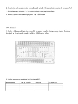 2. Descripción de la tarea de control por medio de la tabla de 3. Declaración de variables de programa PLC
4. Formulación del programa PLC en los lenguajes de escalera e instrucciones
5. Pruebas y puesta en marcha del programa PLC y del sistema
18.4.-Desarrollo
1. Realice el diagrama del circuito y ensamble el equipo, complete el diagrama del circuito eléctrico e
introducir las direcciones de entrada y salida en el PLC que se utilice.
2. Declare las variables requeridas en el programa PLC:
Denominación Tipo de variable Dirección Comentario
 