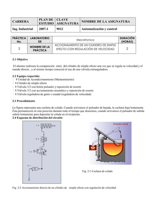 CARRERA
PLAN DE
ESTUDIO
CLAVE
ASIGNATURA
NOMBRE DE LA ASIGNATURA
Ing. Industrial 2007-1 9012 Automatización y control
PRÁCTICA
No.
LABORATORIO
DE
Mecatronica
DURACIÓN
(HORAS)
2
NOMBRE DE LA
PRÁCTICA
ACCIONAMIENTO DE UN CILINDRO DE SIMPLE
EFECTO CON REGULACIÓN DE VELOCIDAD 2
2.1 Objetivo
El alumno realizara la comparación entre del cilindro de simple efecto una vez que se regula su velocidad y el
mando directo , y al mismo tiempo conocerá el uso de una válvula estranguladora.
2.2 Equipo requerido:
1 Unidad de Acondicionamiento (Mantenimiento)
1 Cilindro de simple efecto
1 Válvula 3/2 con botón pulsador y reposición de resorte
1 Válvula 3/2 con accionamiento neumático y reposición de resorte
1 Válvula reguladora de gasto o caudal (reguladora de velocidad)
2.3 Procedimiento
La figura representa una cuchara de colada. Cuando activamos el pulsador de bajada, la cuchara baja lentamente.
Ésta permanecerá en esta posición durante todo el tiempo que deseemos, cuando activamos el pulsador de subida
subirá lentamente para depositar la colada en el recipiente.
2.4 Esquema de distribución del circuito
Fig. 2-1 Cuchara de colado
Fig. 2-2 Accionamiento directo de un cilindro de simple efecto con regulación de velocidad
 