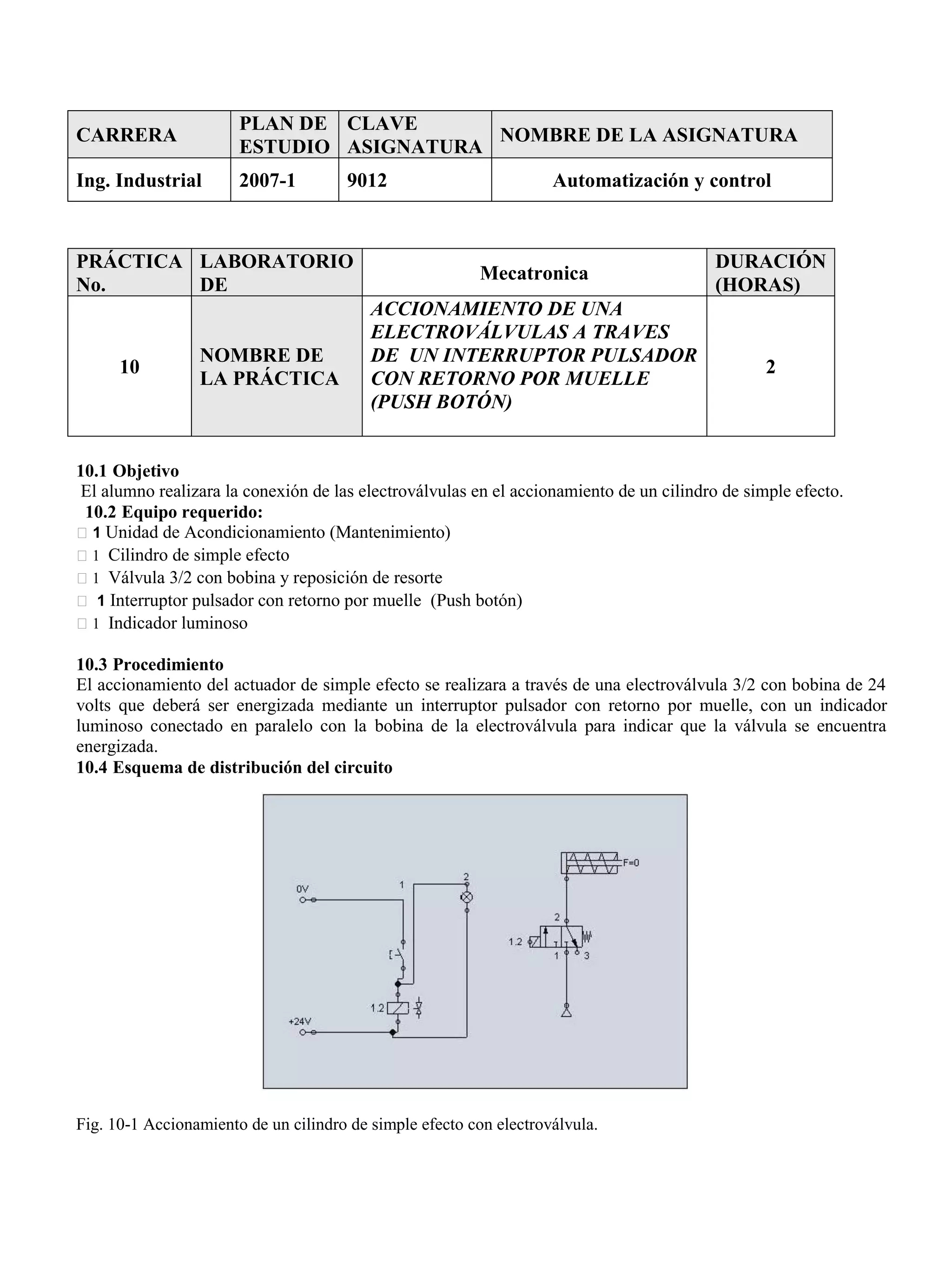 CARRERA
PLAN DE
ESTUDIO
CLAVE
ASIGNATURA
NOMBRE DE LA ASIGNATURA
Ing. Industrial 2007-1 9012 Automatización y control
PRÁCTICA
No.
LABORATORIO
DE
Mecatronica
DURACIÓN
(HORAS)
10
NOMBRE DE
LA PRÁCTICA
ACCIONAMIENTO DE UNA
ELECTROVÁLVULAS A TRAVES
DE UN INTERRUPTOR PULSADOR
CON RETORNO POR MUELLE
(PUSH BOTÓN)
2
10.1 Objetivo
El alumno realizara la conexión de las electroválvulas en el accionamiento de un cilindro de simple efecto.
10.2 Equipo requerido:
1 Unidad de Acondicionamiento (Mantenimiento)
1 Cilindro de simple efecto
1 Válvula 3/2 con bobina y reposición de resorte
1 Interruptor pulsador con retorno por muelle (Push botón)
1 Indicador luminoso
10.3 Procedimiento
El accionamiento del actuador de simple efecto se realizara a través de una electroválvula 3/2 con bobina de 24
volts que deberá ser energizada mediante un interruptor pulsador con retorno por muelle, con un indicador
luminoso conectado en paralelo con la bobina de la electroválvula para indicar que la válvula se encuentra
energizada.
10.4 Esquema de distribución del circuito
Fig. 10-1 Accionamiento de un cilindro de simple efecto con electroválvula.
 