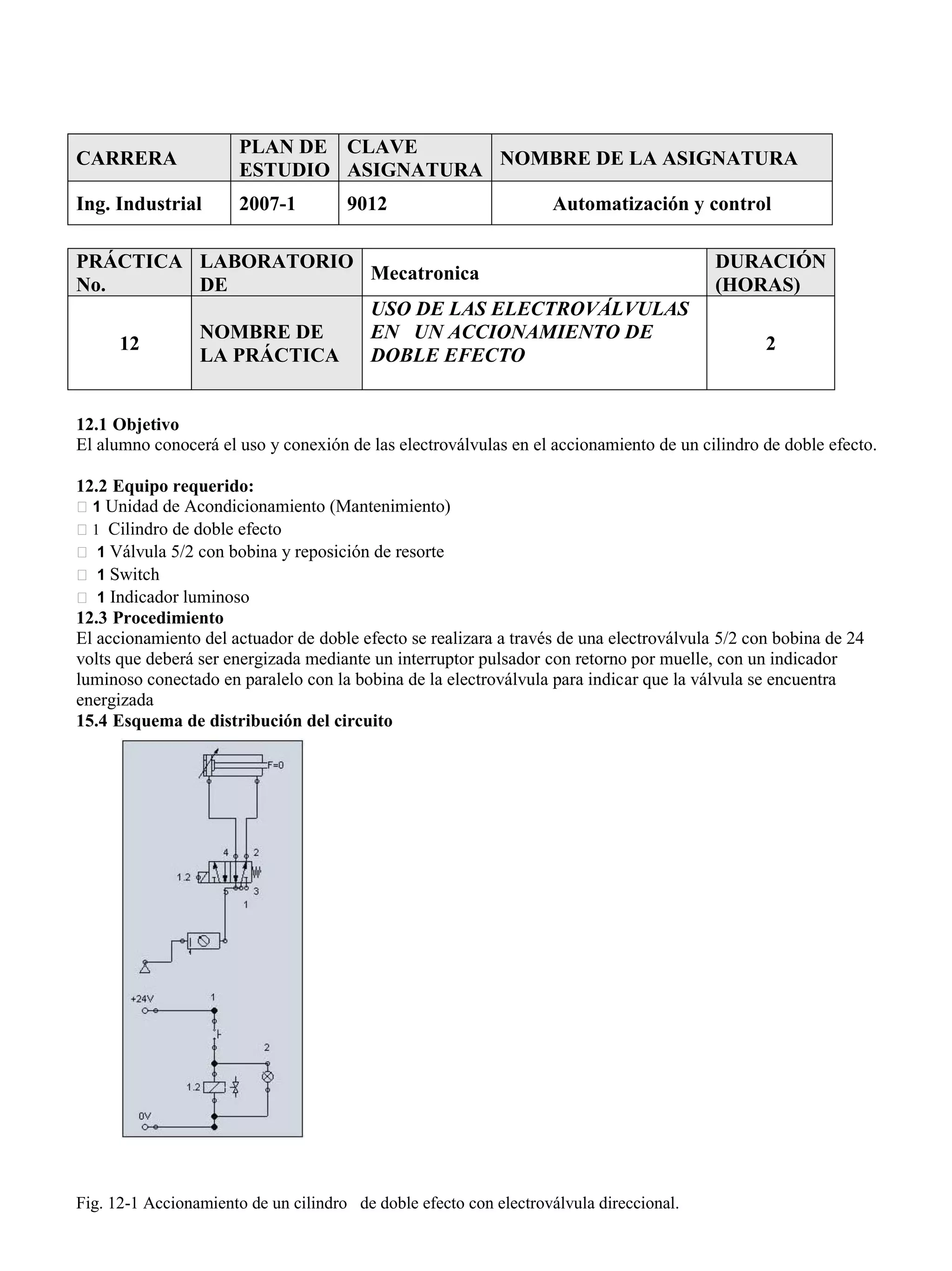 CARRERA
PLAN DE
ESTUDIO
CLAVE
ASIGNATURA
NOMBRE DE LA ASIGNATURA
Ing. Industrial 2007-1 9012 Automatización y control
PRÁCTICA
No.
LABORATORIO
DE
Mecatronica
DURACIÓN
(HORAS)
12
NOMBRE DE
LA PRÁCTICA
USO DE LAS ELECTROVÁLVULAS
EN UN ACCIONAMIENTO DE
DOBLE EFECTO
2
12.1 Objetivo
El alumno conocerá el uso y conexión de las electroválvulas en el accionamiento de un cilindro de doble efecto.
12.2 Equipo requerido:
1 Unidad de Acondicionamiento (Mantenimiento)
1 Cilindro de doble efecto
1 Válvula 5/2 con bobina y reposición de resorte
1 Switch
1 Indicador luminoso
12.3 Procedimiento
El accionamiento del actuador de doble efecto se realizara a través de una electroválvula 5/2 con bobina de 24
volts que deberá ser energizada mediante un interruptor pulsador con retorno por muelle, con un indicador
luminoso conectado en paralelo con la bobina de la electroválvula para indicar que la válvula se encuentra
energizada
15.4 Esquema de distribución del circuito
Fig. 12-1 Accionamiento de un cilindro de doble efecto con electroválvula direccional.
 