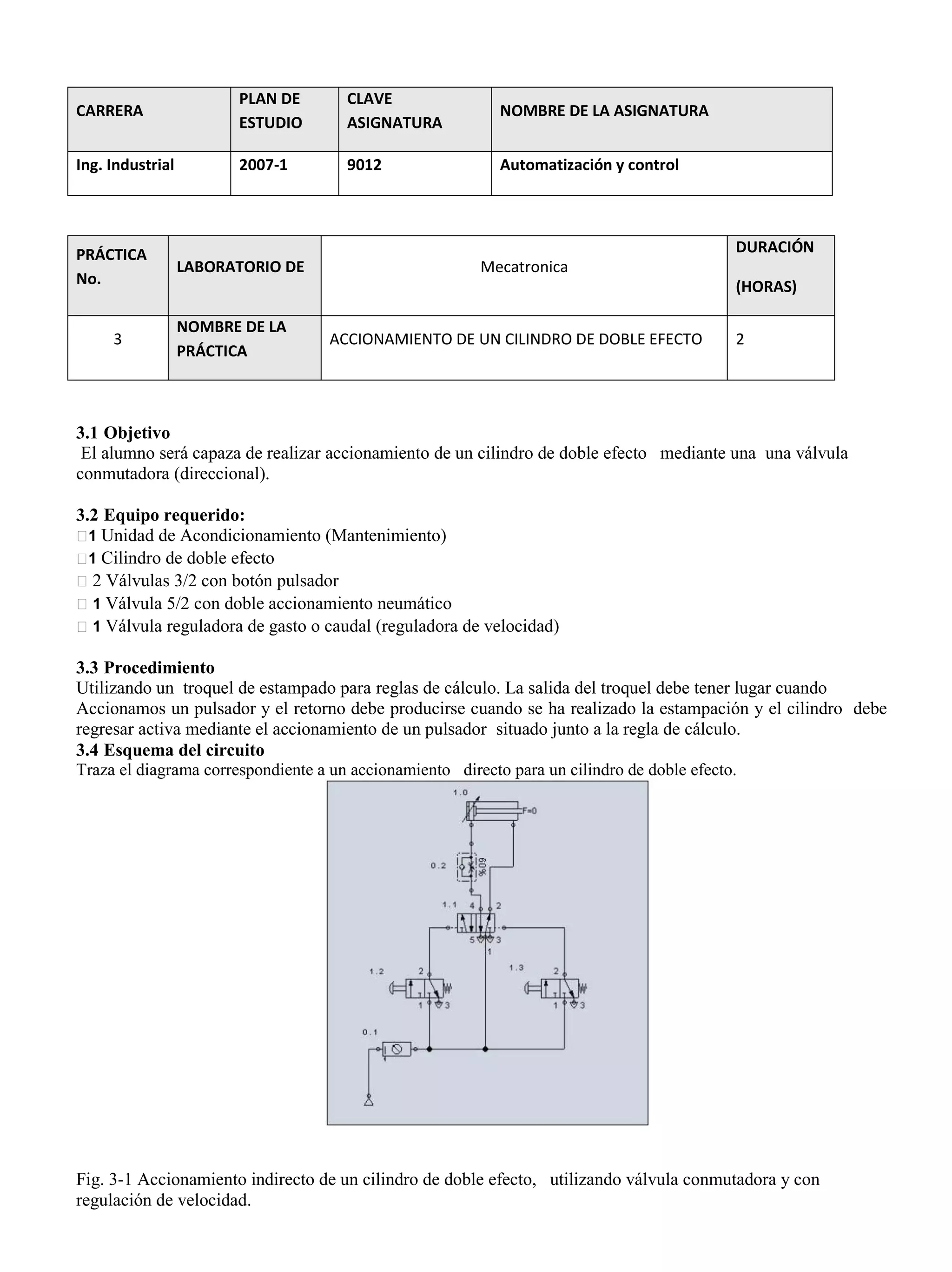 CARRERA
PLAN DE
ESTUDIO
CLAVE
ASIGNATURA
NOMBRE DE LA ASIGNATURA
Ing. Industrial 2007-1 9012 Automatización y control
PRÁCTICA
No.
LABORATORIO DE Mecatronica
DURACIÓN
(HORAS)
3
NOMBRE DE LA
PRÁCTICA
ACCIONAMIENTO DE UN CILINDRO DE DOBLE EFECTO 2
3.1 Objetivo
El alumno será capaza de realizar accionamiento de un cilindro de doble efecto mediante una una válvula
conmutadora (direccional).
3.2 Equipo requerido:
1 Unidad de Acondicionamiento (Mantenimiento)
1 Cilindro de doble efecto
2 Válvulas 3/2 con botón pulsador
1 Válvula 5/2 con doble accionamiento neumático
1 Válvula reguladora de gasto o caudal (reguladora de velocidad)
3.3 Procedimiento
Utilizando un troquel de estampado para reglas de cálculo. La salida del troquel debe tener lugar cuando
Accionamos un pulsador y el retorno debe producirse cuando se ha realizado la estampación y el cilindro debe
regresar activa mediante el accionamiento de un pulsador situado junto a la regla de cálculo.
3.4 Esquema del circuito
Traza el diagrama correspondiente a un accionamiento directo para un cilindro de doble efecto.
Fig. 3-1 Accionamiento indirecto de un cilindro de doble efecto, utilizando válvula conmutadora y con
regulación de velocidad.
 
