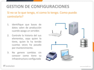 GESTION DE CONFIGURACIONES
Si no se lo que tengo, ni como lo tengo. Como puedo
controlarlo?

1.   Identifique que bases de
     datos salen de producción
     cuando apaga un servidor.
2.   Controle la historia del sus
     elementos, sepa quien lo
     tiene, quien lo ha tenido
     cuantas veces ha pasado
     por mantenimiento.
3.   No genere cambios sin
     conocer como tiene su
     infraestructura configurada
 