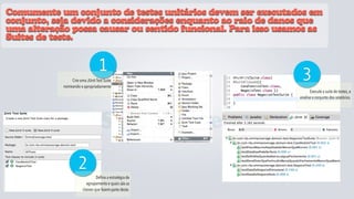 Comumente um conjunto de testes unitários devem ser executados em
conjunto, seja devido a considerações enquanto ao raio de danos que
uma alteração possa causar ou sentido funcional. Para isso usamos as
Suites de teste.


                                1
                Crie uma JUnit Test Suite
            nomeando-a apropriadamente
                                                                3
                                                                     Execute a suite de testes, e
                                                               analise o conjunto dos relatórios.




                                 Suite de testes
                    2
                                Defina a estratégia de
                          agrupamento e quais são as
                       classes que fazem parte deste.
 
