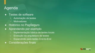 Agenda
● Testes de software
○ Automação de testes
○ Motivadores
● Histórico no PagSeguro
● Aprendendo por exemplo
○ Implementação básica de testes locais
○ Evolução da arquitetura de testes
○ Expandindo para testes End-to-End
● Considerações finais
 