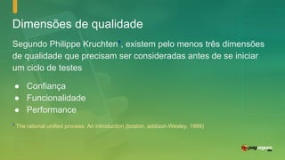 Dimensões de qualidade
Segundo Philippe Kruchten¹, existem pelo menos três dimensões
de qualidade que precisam ser consideradas antes de se iniciar
um ciclo de testes
● Confiança
● Funcionalidade
● Performance
1
The rational unified process: An introduction (boston, addison-Wesley, 1999)
 