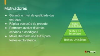 Motivadores
● Garantir o nível de qualidade das
entregas
● Rápida evolução do produto
● Permitem avaliar diversos
cenários e condições
● Maior liberdade aos QA’s para
testes exploratórios
 