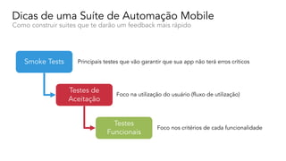 Dicas de uma Suíte de Automação Mobile
Como construir suites que te darão um feedback mais rápido
Smoke Tests
Testes de
Aceitação
Testes
Funcionais
Principais testes que vão garantir que sua app não terá erros críticos
Foco na utilização do usuário (fluxo de utilização)
Foco nos critérios de cada funcionalidade
 