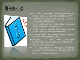  B. P. Lathi, Modern Digital and Analog Communication

Systems, Oxford University Press, 3rd edition, 1998.
 VSRD International Journal of Electrical, Electronics &

Communication Engineering.
 G. K. Mithal and Ravi Mittal, Radio Engineering,

Khanna Publishers, 17th edition, 1992
 D. Roy Chowdhury and Shail B. Jain, Linear Integrated

Circuits, New Age International Publishers.
 M.Morris Mano, Digital Design, Pearson Education,

3rd edition, 2007 and edition, 2003.
–
The
Free
Encyclopedia
http://en.wikipedia.org/wiki/Frequency_Modulation.

 Wikipedia

 http://www.alldatasheet.com.
 J. B. Gupta, Theory and Performance of Electrical

Machines, S. K. Kataria & Sons, 14th edition, 2005-06.
 http://www.datasheetcatalog.com

 