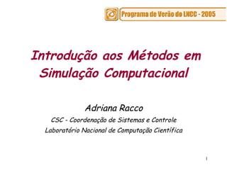 Introdução aos Métodos em Simulação Computacional   Adriana Racco CSC - Coordenação de Sistemas e Controle Laboratório Nacional de Computação Científica 