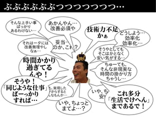 ぶぶぶぶぶぶつつつつつつつ…
妥当…
なのか、これ？
いや、ちょっと
安い？
でも、実現した
モノからすると
そんなもんか…
そうやとしても
そこはかとなく
安い気がする…
時間かかり
過ぎてる
んや！
ちゅーても、
そんな非現実な
時間の掛かり方
ちゃうし…
技術力不足
かぁ
それは一夕には
改善無理やし
なぁ…
いや、ちょっと
まてよ…？
これ多分
「生活でけへん」
まであるで！
あかんやん…
改善必須や
どうしよう…
効率化
効率化…
そうや！
「同じような仕事」
ばーっかり
すれば…
そんな上手い事
ばっかり
あるわけない…
 