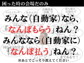 困った時の会場だのみ
妥当…
なのか、これ？
いや、ちょっと
安い？
でも、実現した
モノからすると
そんなもんか…
そうやとしても
そこはかとなく
安い気がする…
時間かかり
過ぎてる
んや！
ちゅーても、
そんな非現実な
時間の掛かり方
ちゃうし…
技術力不足
かぁ
それは一夕には
改善無理やし
なぁ…
いや、ちょっと
まてよ…？
これ多分
「生活でけへん」
まであるで！
あかんやん…
改善必須や
どうしよう…
効率化
効率化…
そうや！
「同じような仕事」
ばーっかり
すれば…
そんな上手い事
ばっかり
あるわけない…
コンビニで
バイト
すっか…
落ち着け、
自動化で
考えろ
自動化を
「自動」で
できるように
すれば…
石油王
ワンチャン！
みんな（自動家）なら、
「なんぼもらう」ねん？
みんななら（自動家に）
「なんぼ払う」ねん？
※あとでこっそり教えてください
 