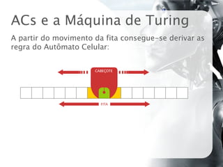 ACs e a Máquina de Turing
A partir do movimento da fita consegue-se derivar as
regra do Autômato Celular:
 