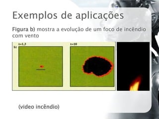 Exemplos de aplicações
Figura b) mostra a evolução de um foco de incêndio
com vento




  (video incêndio)
 